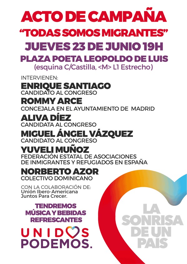 Todas somos migrantes: Acto de Unidos Podemos en Tetuán (23 de junio 19:00)